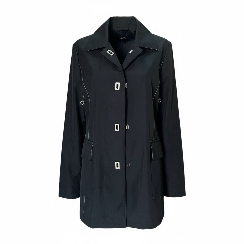 Platinum Black classic coat Women’s Sz M Mid-Length Pockets grommets accents